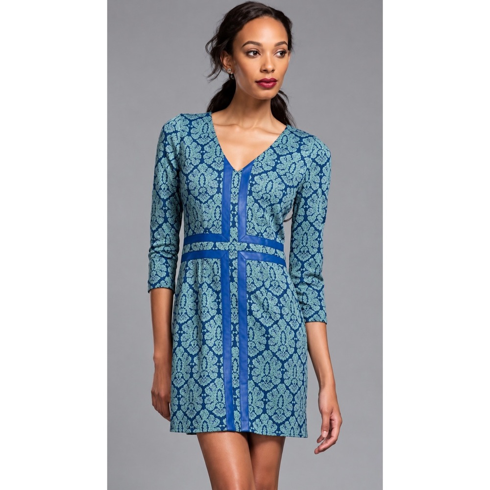 Tracy Reese Dress Women Size 4 Cobalt Leather Trim Jacquard Sheath Mod NWT